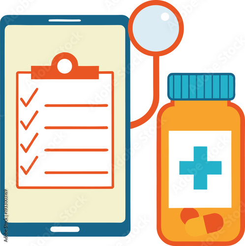 Mobile phone with medical checklist and pill bottle with cross