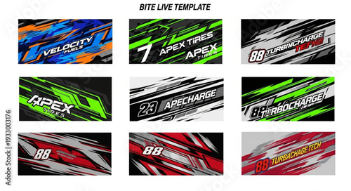 Racing car livery designs with dynamic graphic elements and vibrant colors.