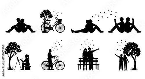 Relaxing outdoor scenes with people bicycles and trees a silhouette
