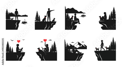 Scenic landscapes with people animals and heart shapes silhouette