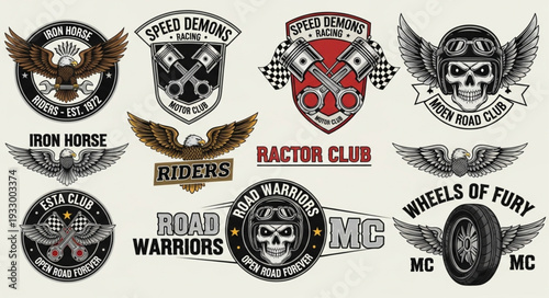 Motorcycle club emblems featuring skulls, wings, and various design elements for biker culture.