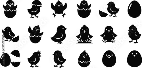 Black silhouettes of chickens and eggs in various poses