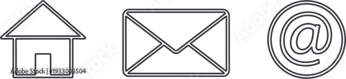 Three common icons representing house, email, and at symbol for communication and location