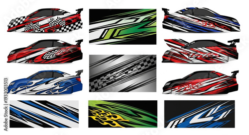 Racing car graphics with dynamic designs and vibrant color schemes for speed enthusiasts.