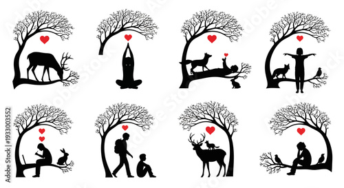Romantic couples and animals under trees a striking black silhouette