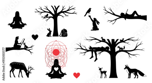 Mystical woodland creatures and figures in a striking black silhouette