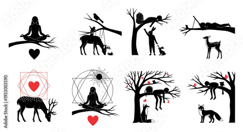 Mystical forest scenes with animals and figures in black silhouette