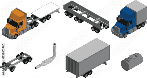 Isometric semi truck and trailer configuration set with flatbed box trailer chassis exhaust system and fuel tank
