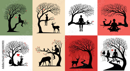 Couples with animals under trees in a colorful artistic silhouette