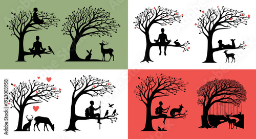 Four panels depict people and animals with trees a striking silhouette