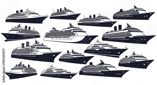 Collection of various cruise ships and vessels in black and white illustration.
