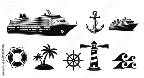 Collection of nautical themed illustrations featuring ships, anchors, and other maritime elements.