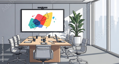 Modern conference room with large screen and meeting table, ready for presentations and discussions.