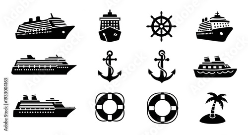 Collection of various black and white cruise ship and nautical icons.