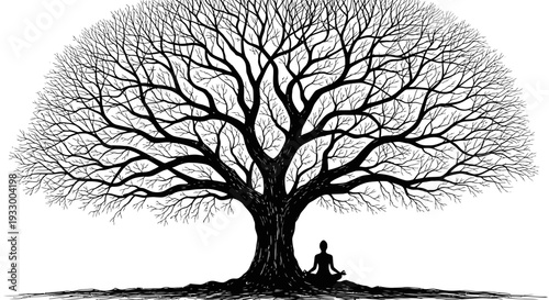 Meditating figure beneath a large bare tree a striking silhouette