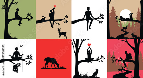 People and animals interacting peacefully within nature a striking silhouette