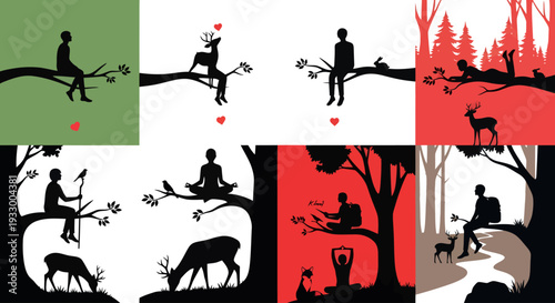 Couples in nature depicted across a colorful divided canvas silhouette