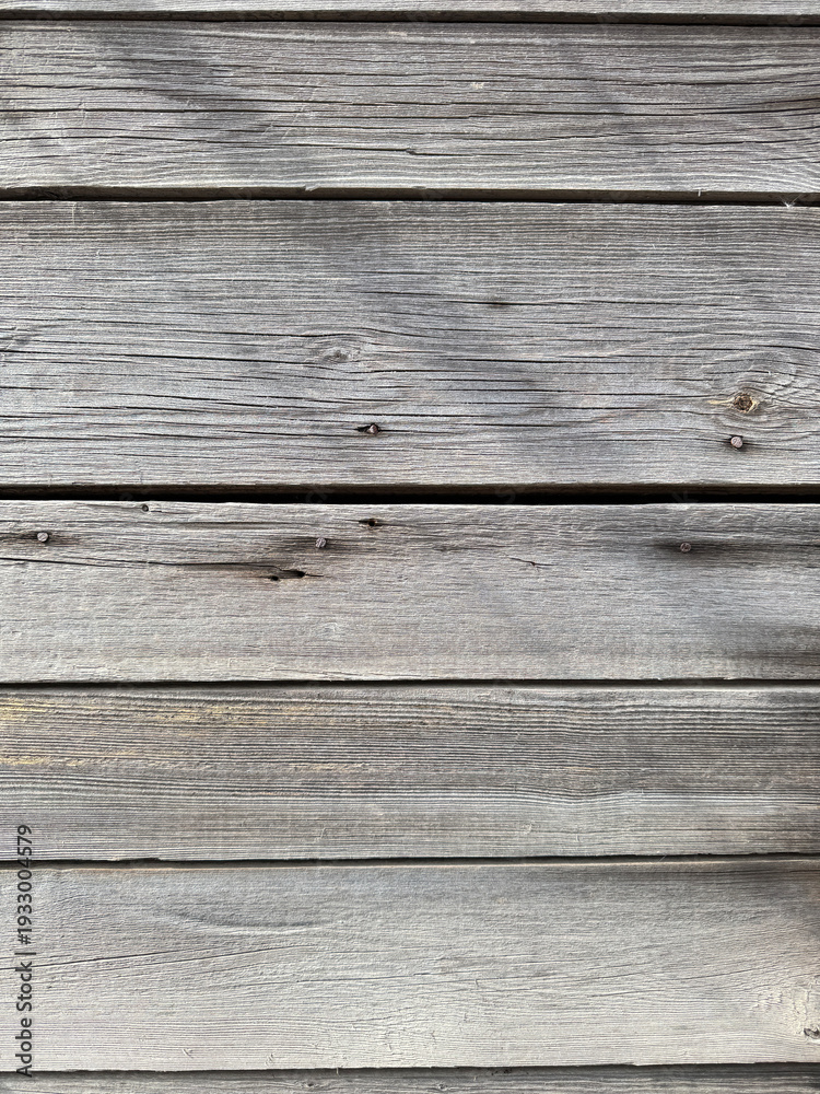 Obraz premium Aged wooden planks forming a rustic horizontal surface with visible grain and cracks, creating a neutral, minimal background with natural texture and vintage aesthetic.