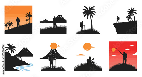 Hiking and tropical landscapes depicted in a series of vignettes silhouette