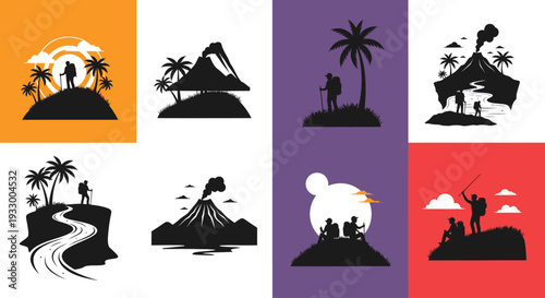 Tropical island scenes with hikers and volcanoes a striking silhouette