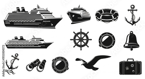 Collection of nautical themed illustrations featuring ships and maritime elements.