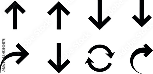 Collection of directional and rotational arrow symbols in black and white