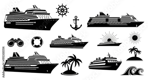 Collection of various cruise ships and nautical elements in black and white.