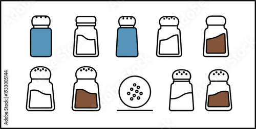 Salt and Pepper Shakers Vector Illustration Set with Various Seasoning Containers Spice Bottles and Condiment Shaker Icons for Kitchen and Dining