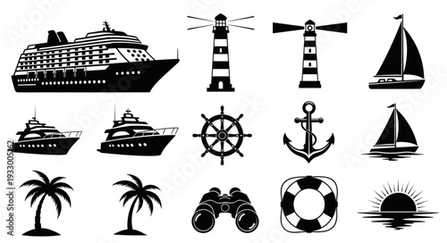 Collection of nautical and maritime themed black and white illustrations and icons.