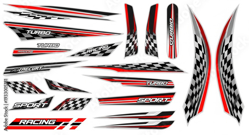 Motorcycle racing decals set with various sport and turbo designs.