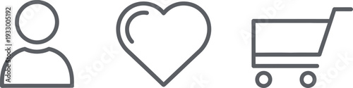 Icons representing user profile, favorite, and shopping cart functionalities.