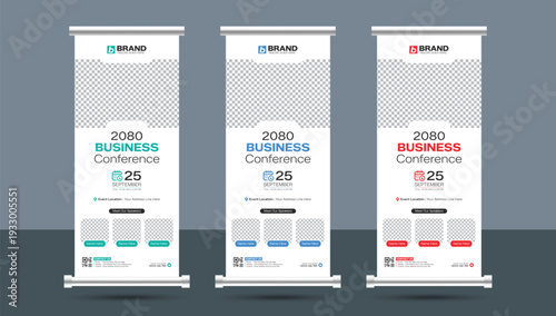 Minimal creative business conference roll up standee or x banner design layout template. Business conference vertical rollup, pull up, flag-banner, exhibition display, x-stand design.