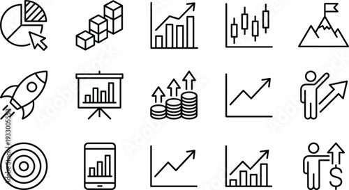 Business growth and financial analytics line icons set with charts, profit, investment, strategy, startup, market performance symbols vector illustration