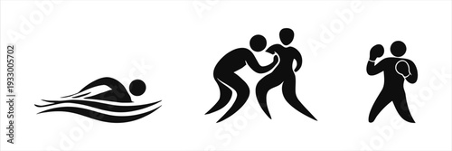 Iconic black and white silhouettes representing various competitive sport activities