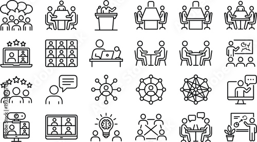 Business meeting communication line icons set, teamwork collaboration conference webinar presentation leadership networking discussion vector outline collection illustration