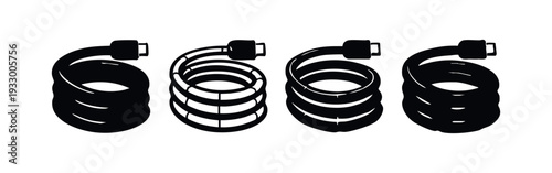 Stylized Coiled Ethernet Cable Icons. Vector illustrations of network wires for internet connection and data transfer.