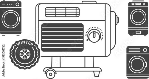 Winter Heater and Home Appliance Vector Illustration Set with Electric Space Heater Icons Portable Radiator and Winter Climate Control Symbols