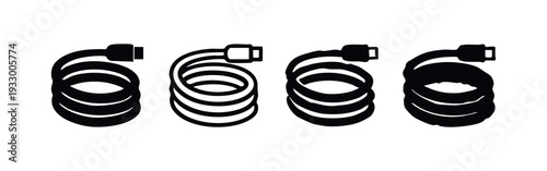 Coiled Ethernet Cable Icons Set. Vector illustration of network cables with various design styles for digital connectivity.