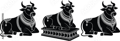 Sacred Nandi Bull Silhouette Vector Illustration, Hindu Temple Statue Icon Set for Religious Cultural Design and Spiritual Art