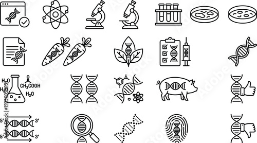 Genetics and biotechnology line icons set with DNA, laboratory research, genome editing, microbiology, bioengineering and medical science symbols vector