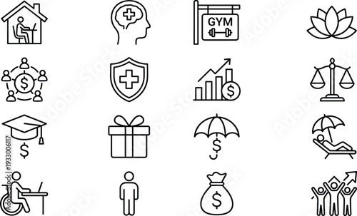 Healthcare finance lifestyle line icons set, insurance investment wellness education charity retirement protection community services collection