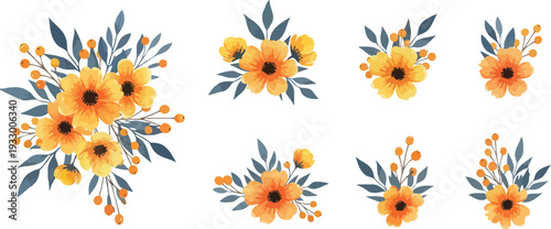 Vibrant watercolor sunflower bouquet illustrations in yellow and orange hues
