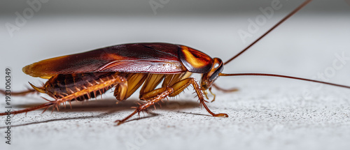 Macro view of cockroach on surface symbolizing pest infestation, sanitation problems and need for pest control services in urban environment