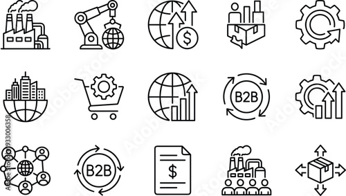 Industry business line icons set, manufacturing logistics supply chain B2B global trade production automation factory commerce growth management collection