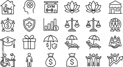 Life services finance healthcare wellness line icons set, insurance investment education charity retirement support community protection collection