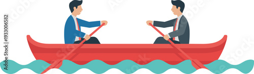 Business competition concept illustration, two businessmen rowing opposite directions in boat teamwork conflict metaphor flat design