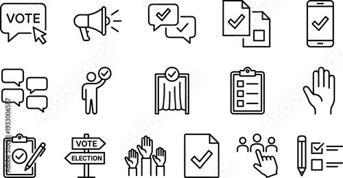 Voting and election line icons set, democracy, ballot, poll, campaign, participation, voter, checklist, online voting, referendum, civic, government, choice