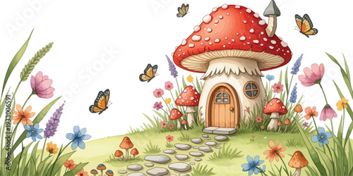 Whimsical mushroom house in a colorful garden with butterflies and flowers