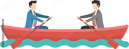Business teamwork conflict illustration, two businessmen rowing opposite directions in boat leadership disagreement flat vector concept