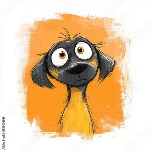 Cartoon dog with big eyes looking surprised on orange background  